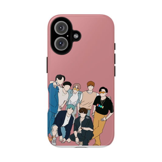 K-Pop Group Illustration Phone Case — Pink BTS-Style Protective Cover
