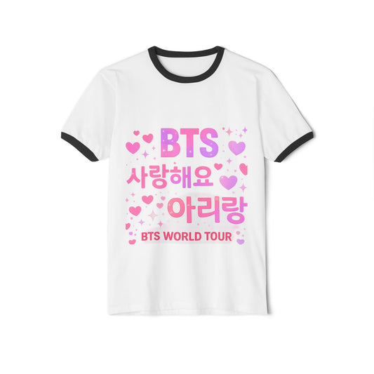 BTS World Tour Arirang Ringer T-Shirt — 사랑해요 Pink Heart Tour Tee